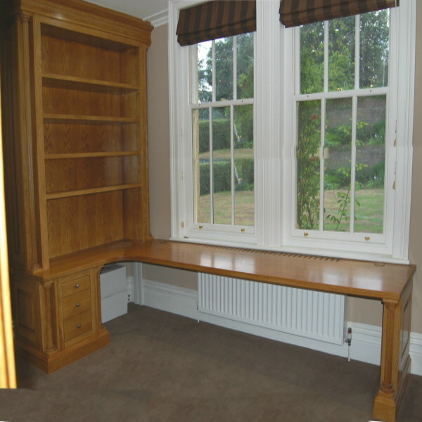 traditional bespoke solid oak desk with drawers and shelving in a clear lacquer finish traditional bespoke solid oak desk with drawers and shelving in a clear lacquer finish