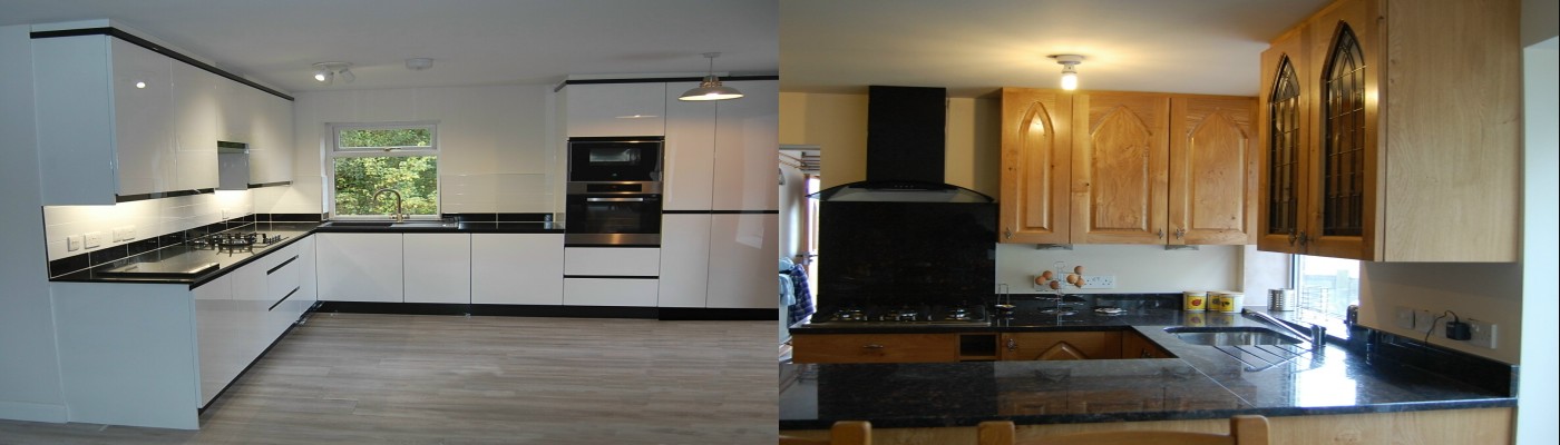 White high gloss polished kitchen and solid oak gothic style kitchen